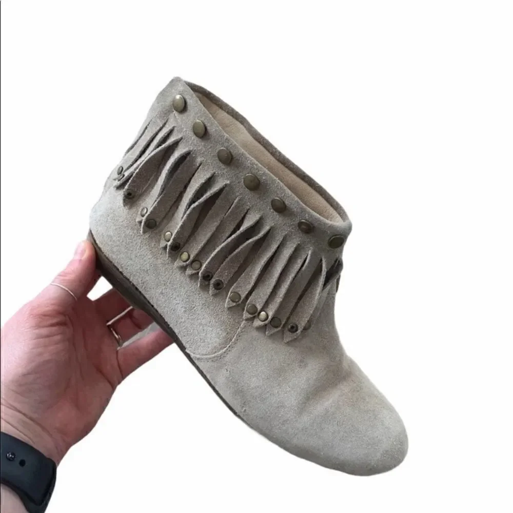 Anine Bing Suede Fringe Ankle Boots Studded Western Boho Taupe EU 37/ US 7